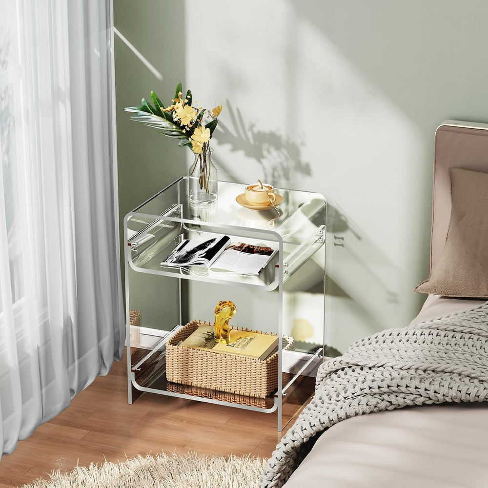 Acrylic End Table Record Player Table with Storage Shelf Clear Side Table Nig...