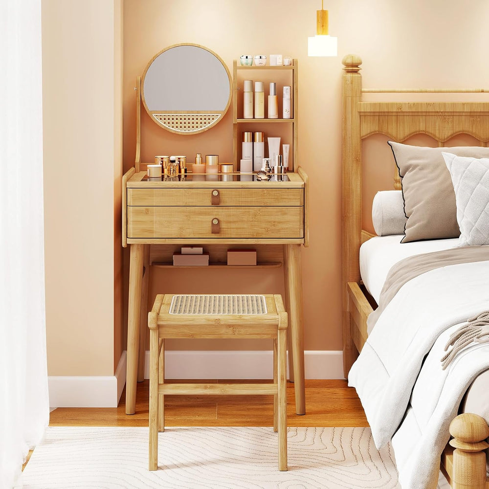 CHARMAID Small Bamboo Vanity Desk with Mirror and Stool, Glass Top Makeup Van...