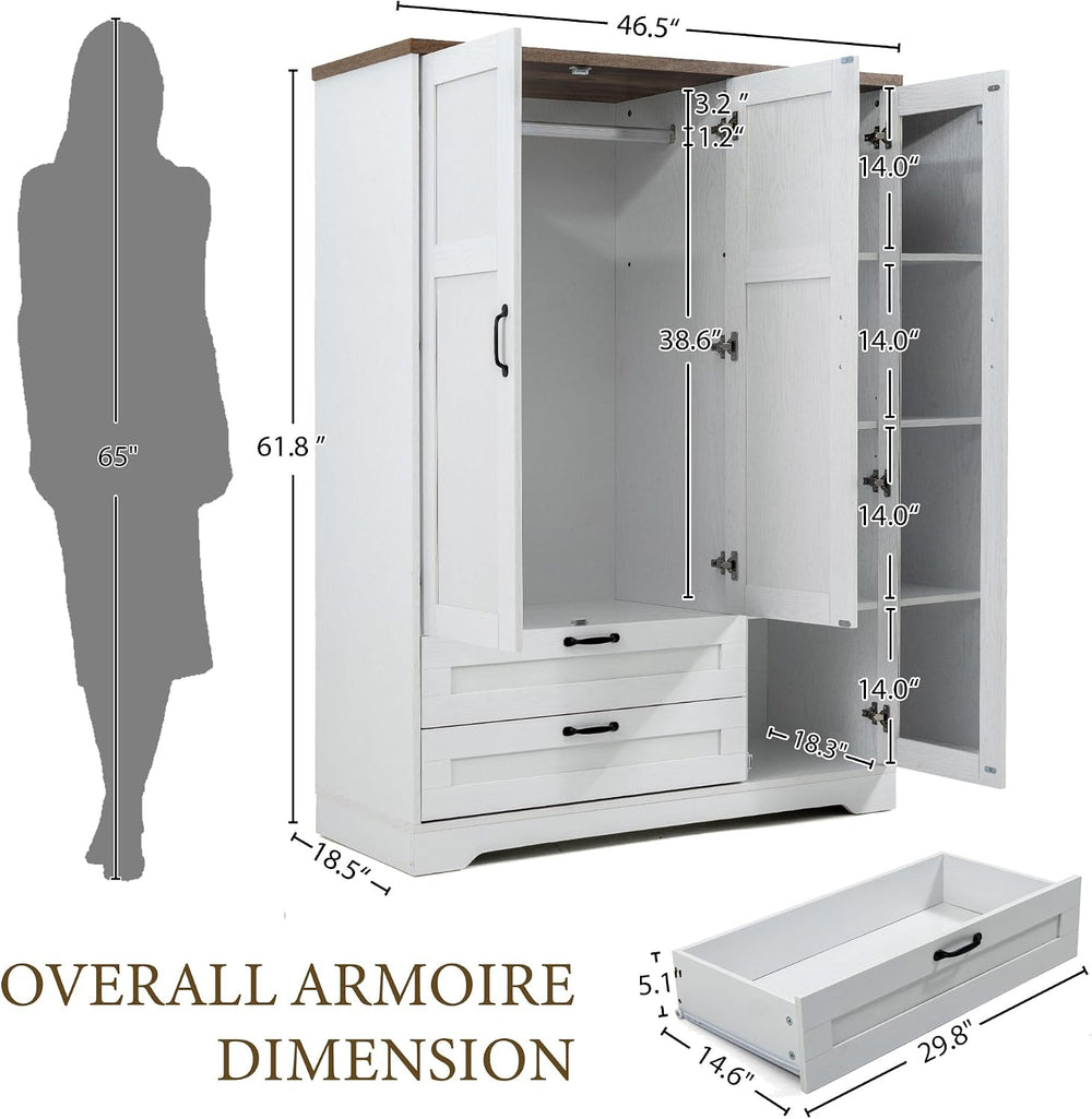 Yechen 3-Door Wooden Armoire Wardrobe Closet with Drawers and Shelves, Bedroo...