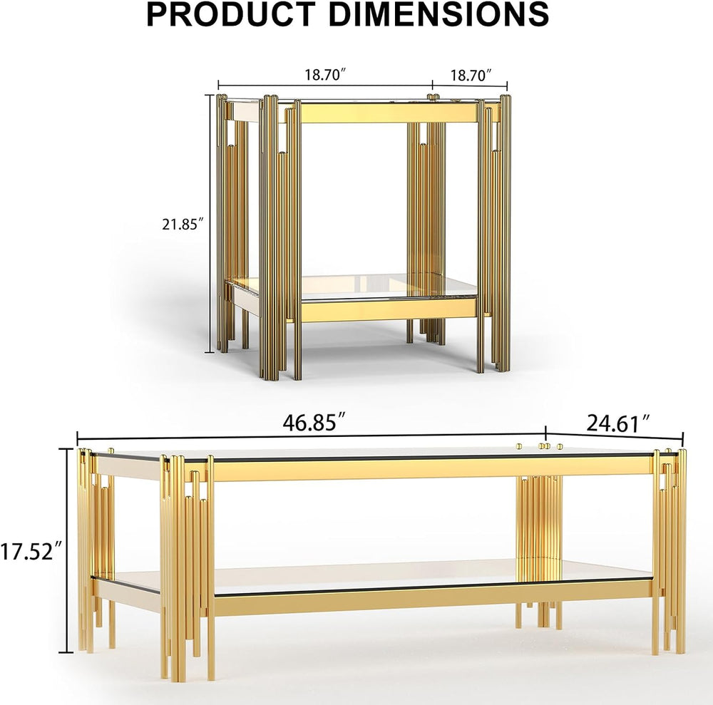 3 Pieces Coffee Table Set, Tempered Glass Living Room Table Set of 3, Modern ...