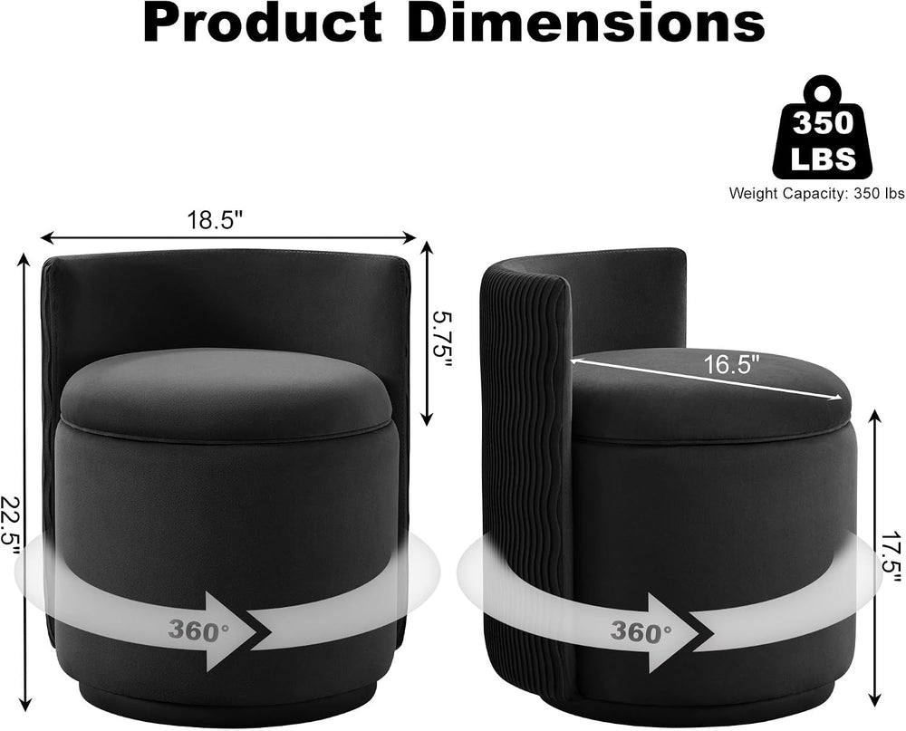 360° Swivel Velvet Vanity Chair with Storage, Barrel Makeup Chair with Wave B...