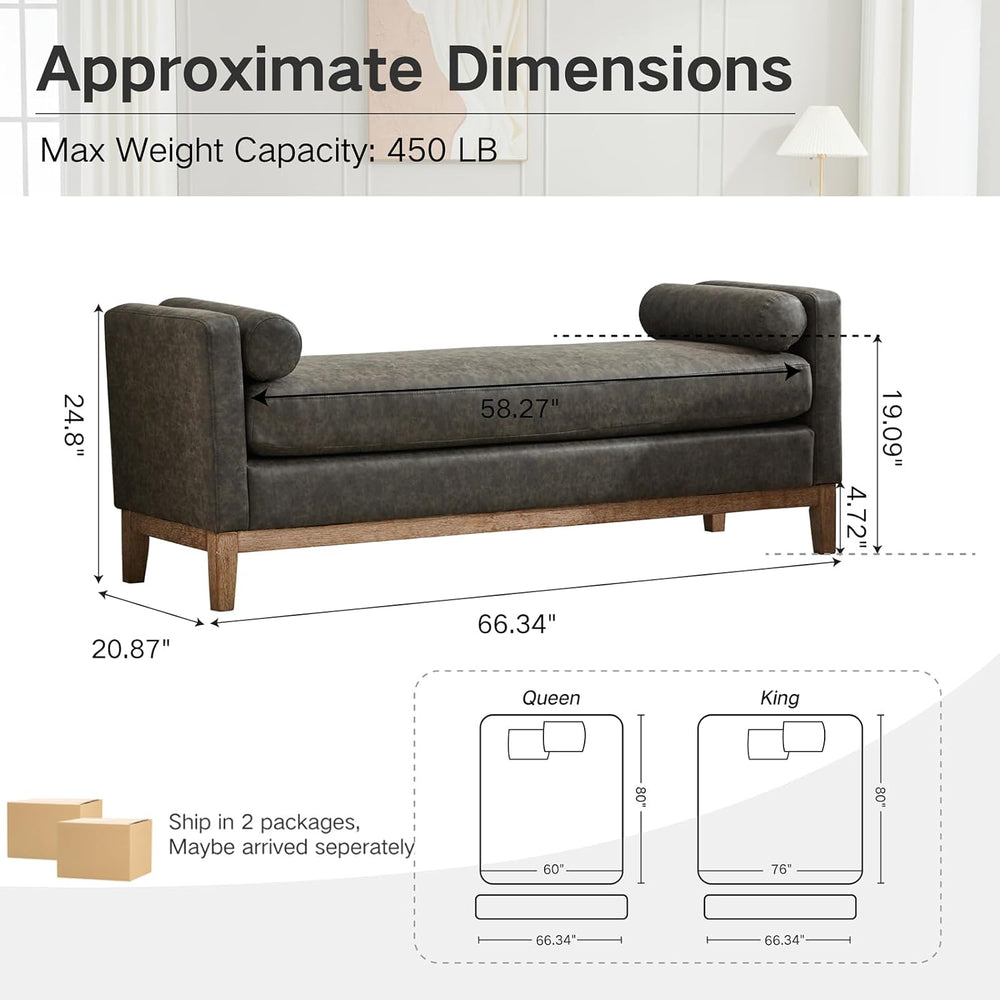 End of Bed Bench for Bedroom, 66.34'' Long King Size Vegan Leather Be...