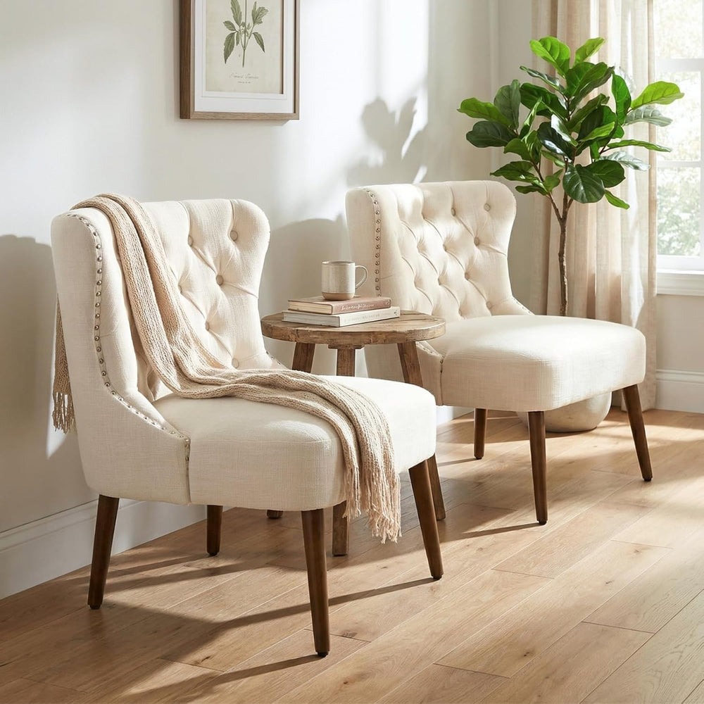 chairus Tufted Slipper Accent Chairs Set of 2, Linen Upholstered Armless Livi...