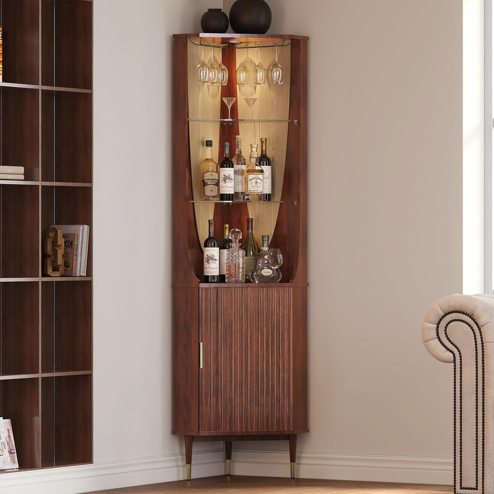 JOINICE Tall Corner Bar Cabinet for liquor,Mid-Century Modern,Walnut,70"