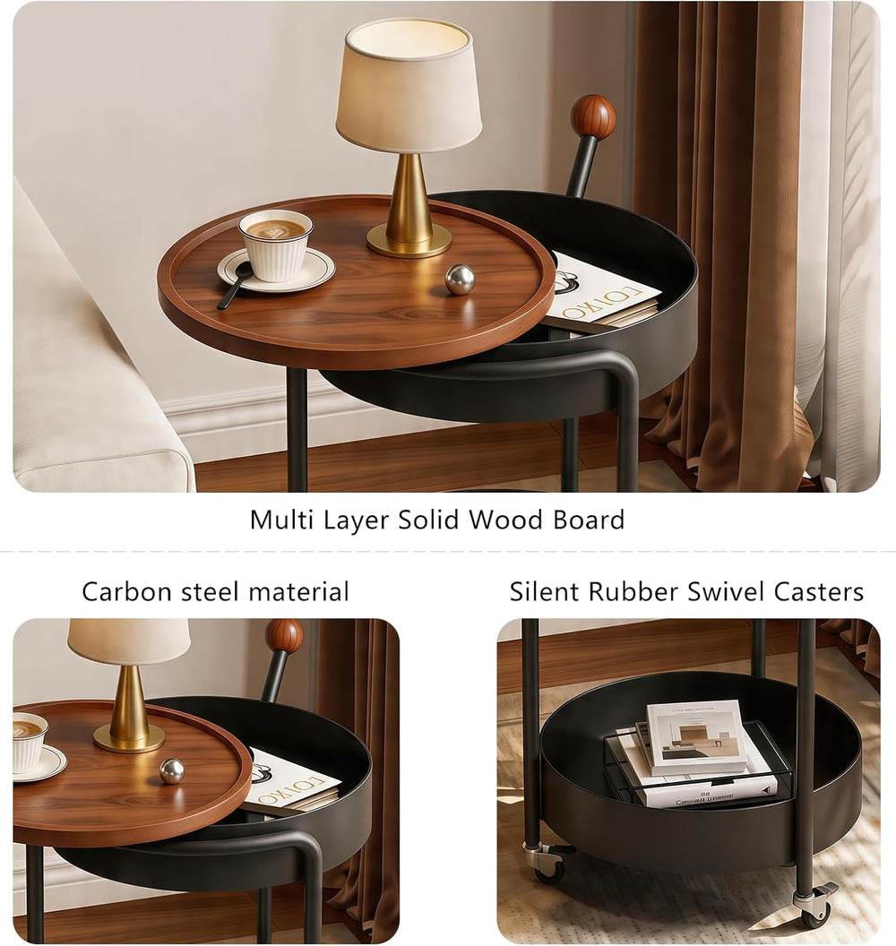 Mid-Century Modern Round Side Table, 2-Tier Mobile Sofa End Table with Rotata...