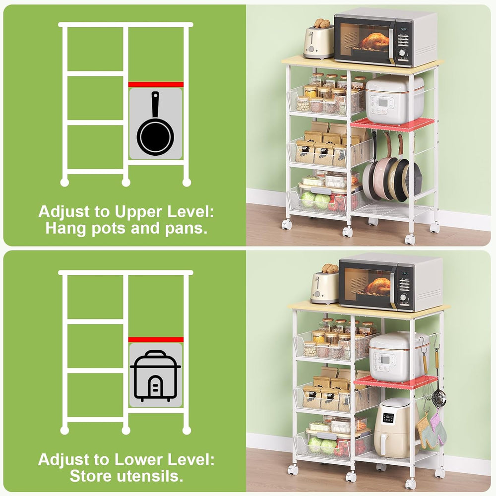 Rolling Kitchen Microwave Organizer Cart, Adjustable Shelves, White | Kitchen...