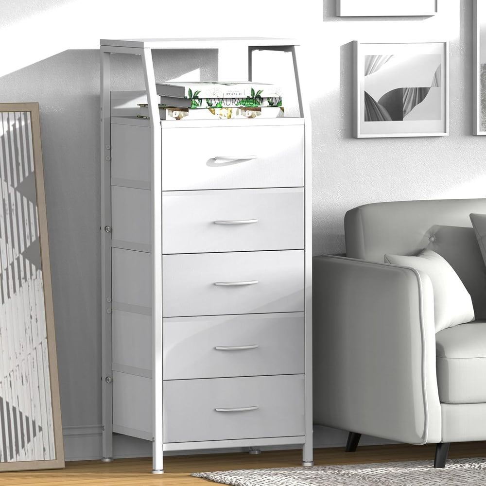 5 Drawers White Tall Fabric Dresser for Bedroom, Dorm Nightstand | Vertical S...