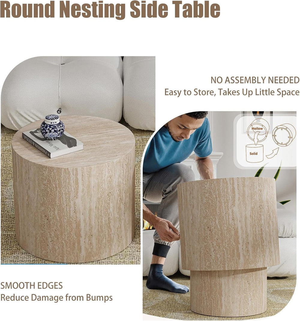 Nesting Coffee Table Set of 2 (C Travertine) | Modern Round Drum Coffee Table...