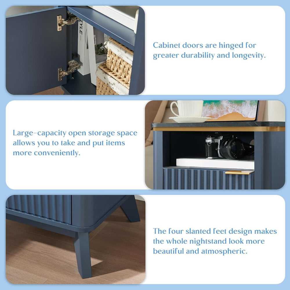 QUW Fluted Nightstands Set of 2 with Charging Station, 18" Modern Side T...