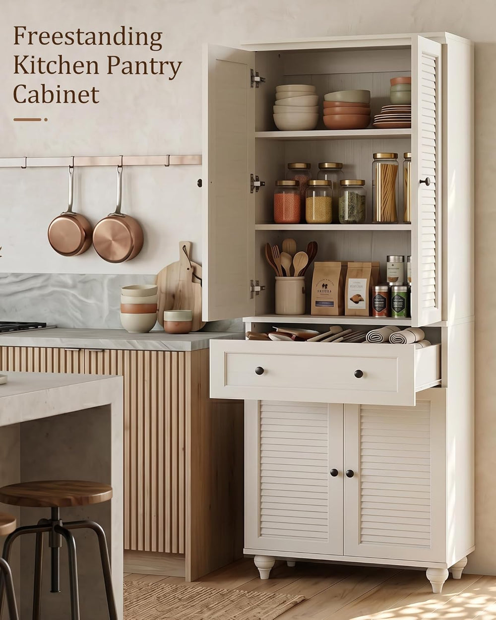 80" Kitchen Pantry Cabinet Set of 2, Farmhouse Storage Cabinets with Gla...