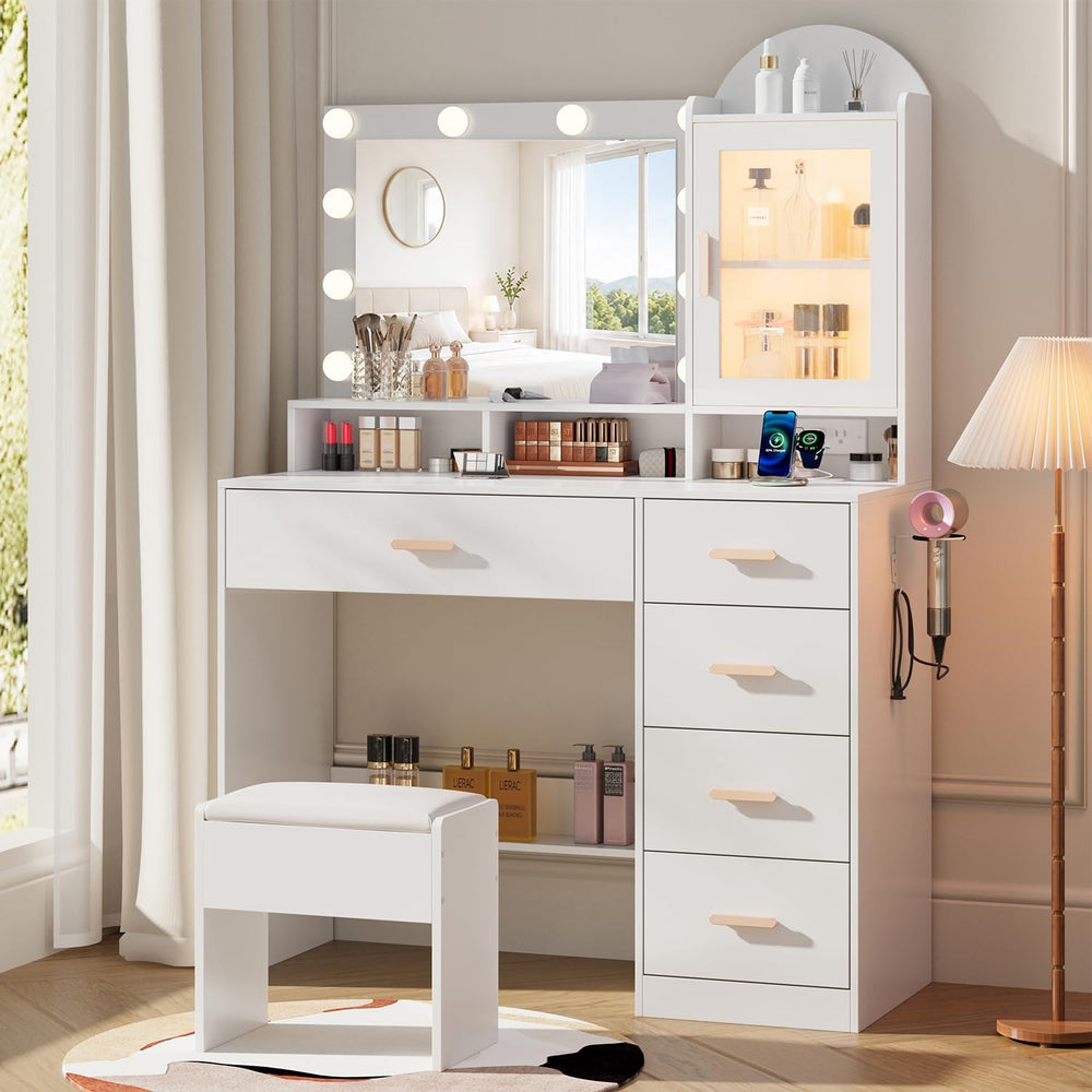 BZK Vanity Desk with LED Lights and Mirror, 35.4" Makeup Vanity Table wi...