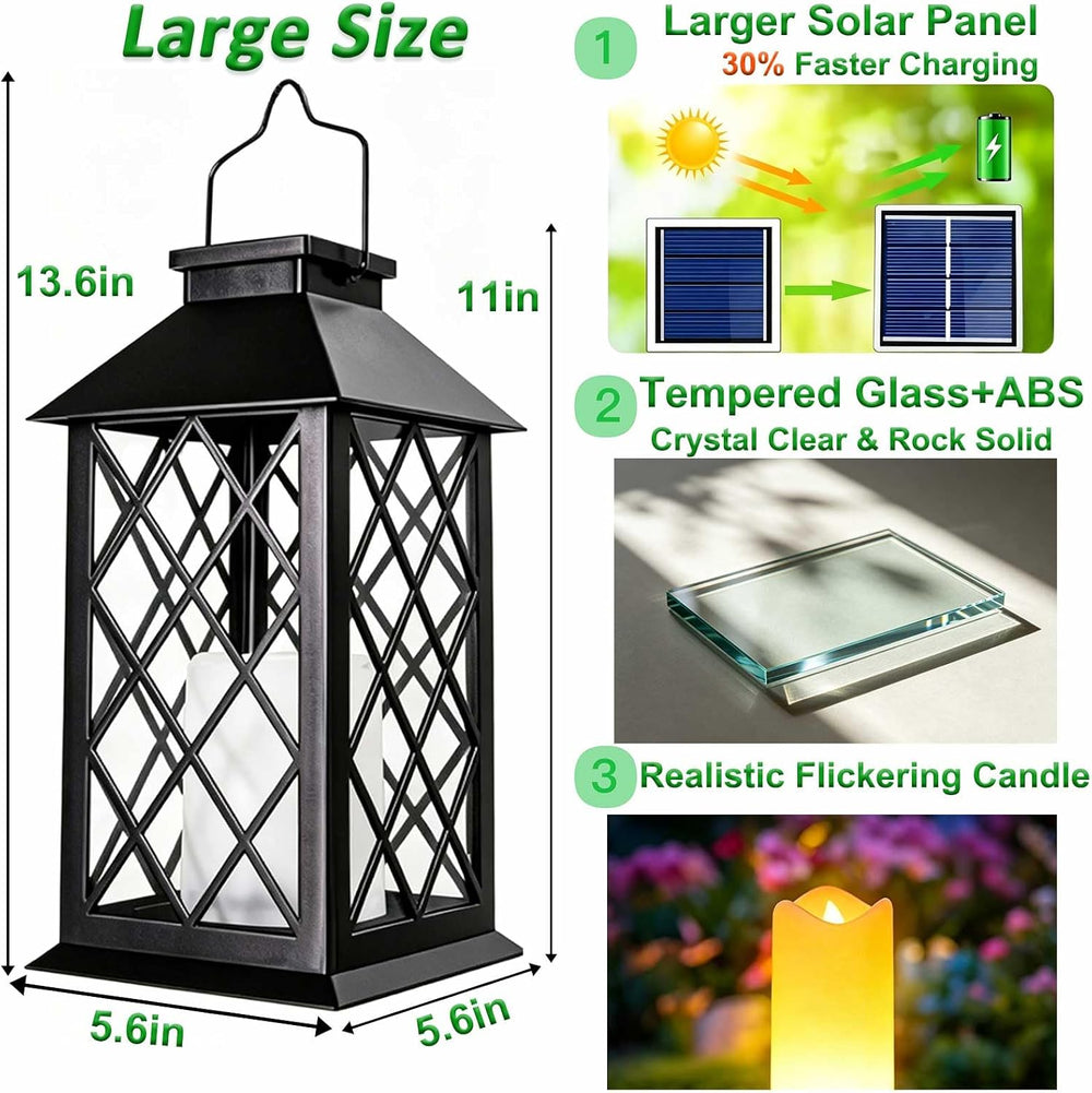 2 Pack 14" Large Tempered Glass Solar Lanterns Outdoor Waterproof, Black