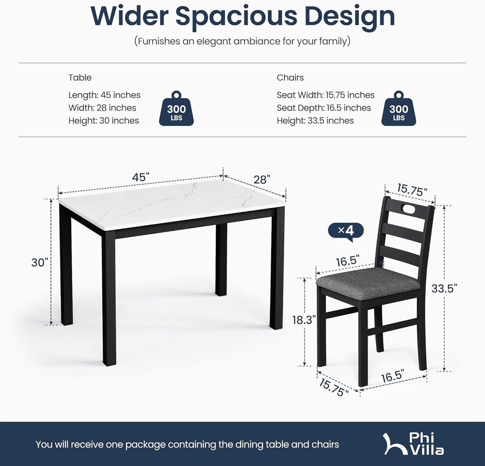 PHI VILLA Dining Table Set for 4, Marble Design Kitchen Table and Chairs | Ma...