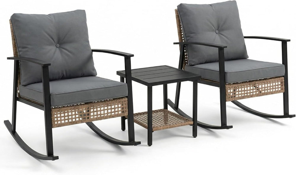 TARKARI 3-Piece Patio Rocking Chairs Set of 2, Outdoor Rocking Chair Bistro S...