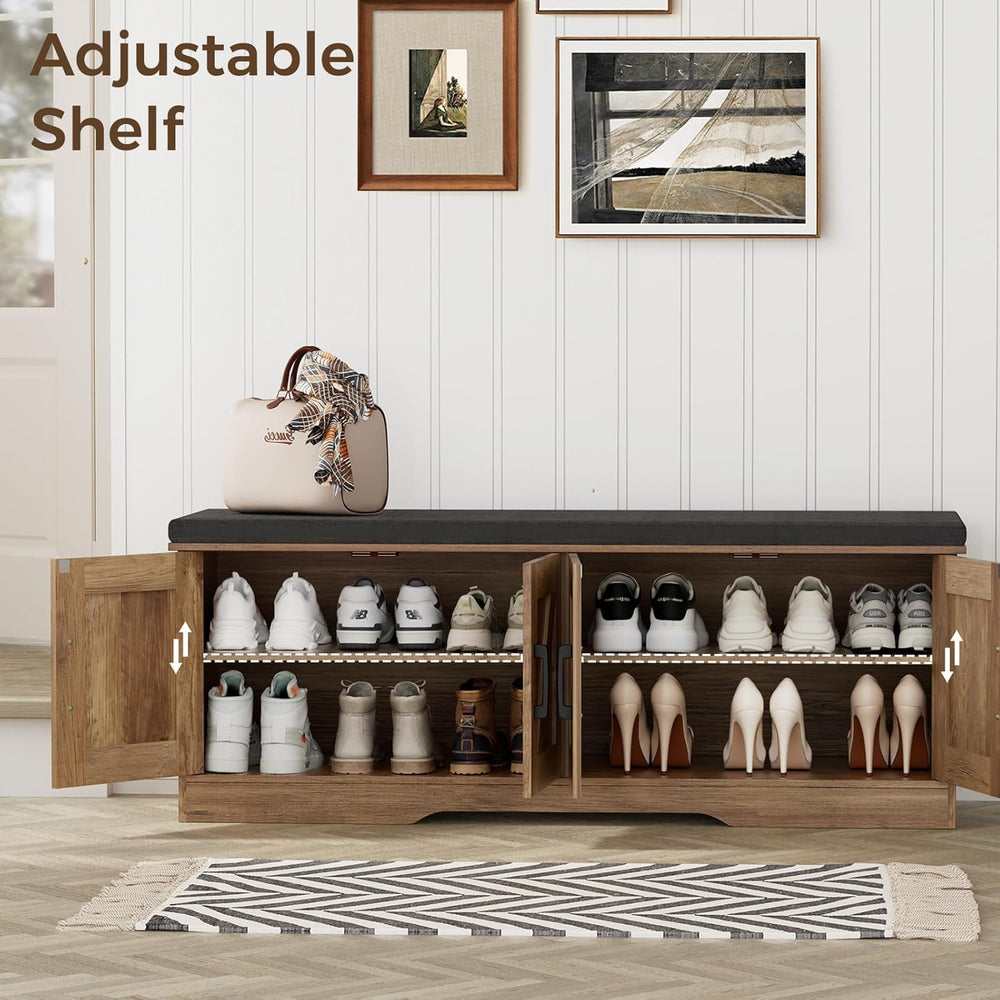 HOMSHO Farmhouse Shoe Storage Bench with 4 Barn Doors & Padded Seat Cushi...