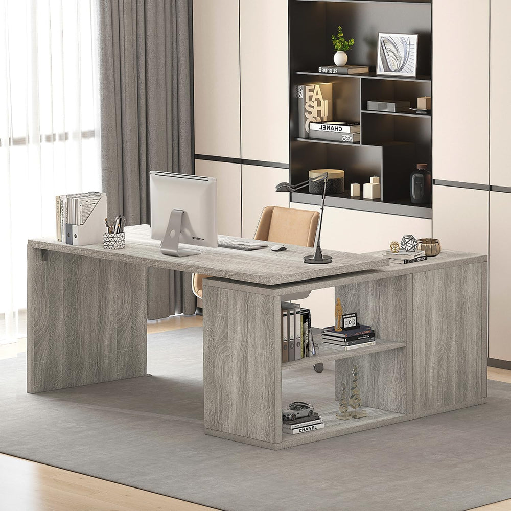 HSH L Shaped Corner Desk, Reversible Computer Desk, Light Grey, 55 Inch