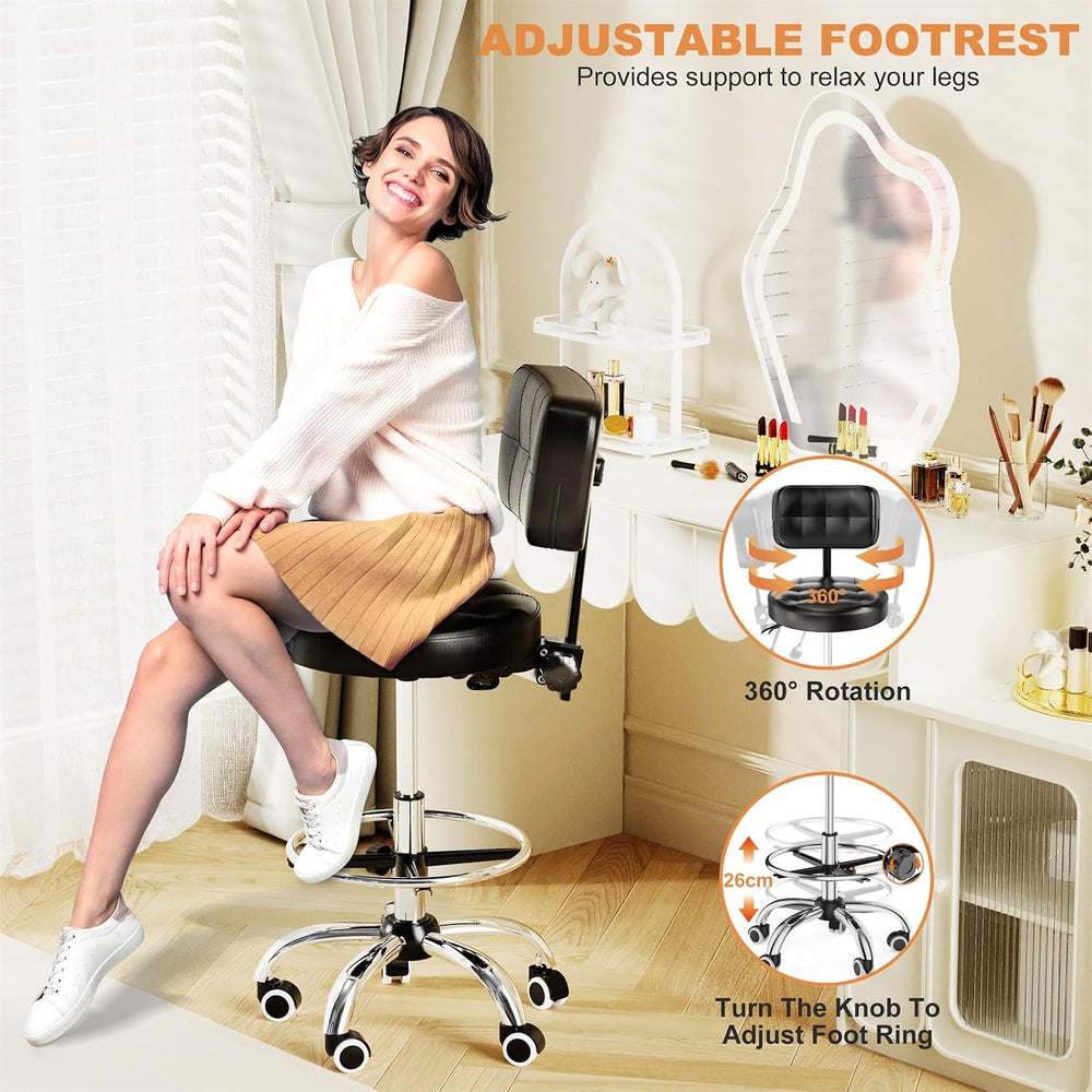 YJHome Rolling Stool with Back Support, Swivel Chair Adjustable Height