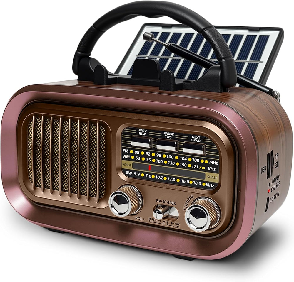 Portable AM FM SW Radio with Bluetooth, Retro Radio with Solar Panel