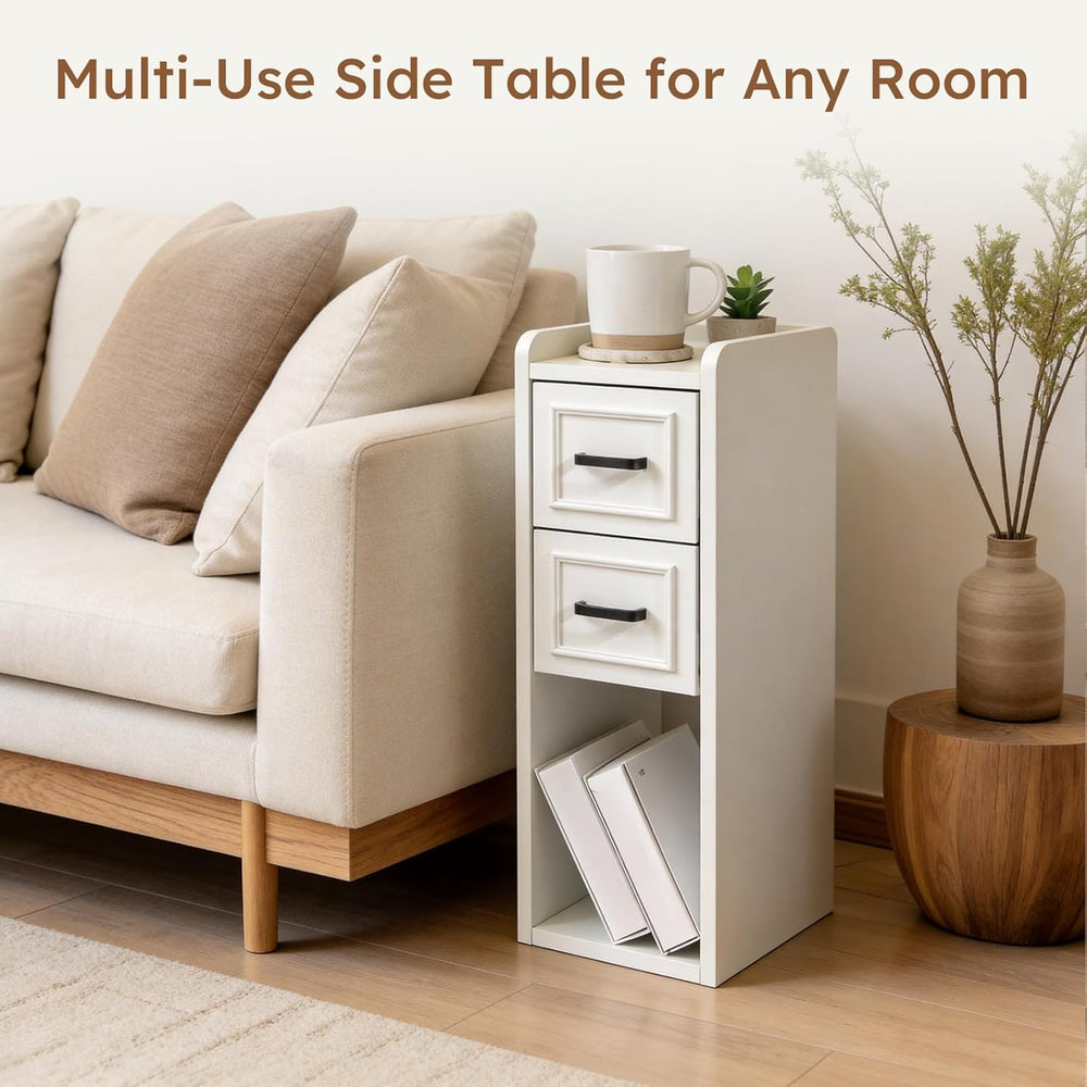 Narrow White Nightstand, Wood Slim Bedside Tables for Small Bedroom, Modern E...