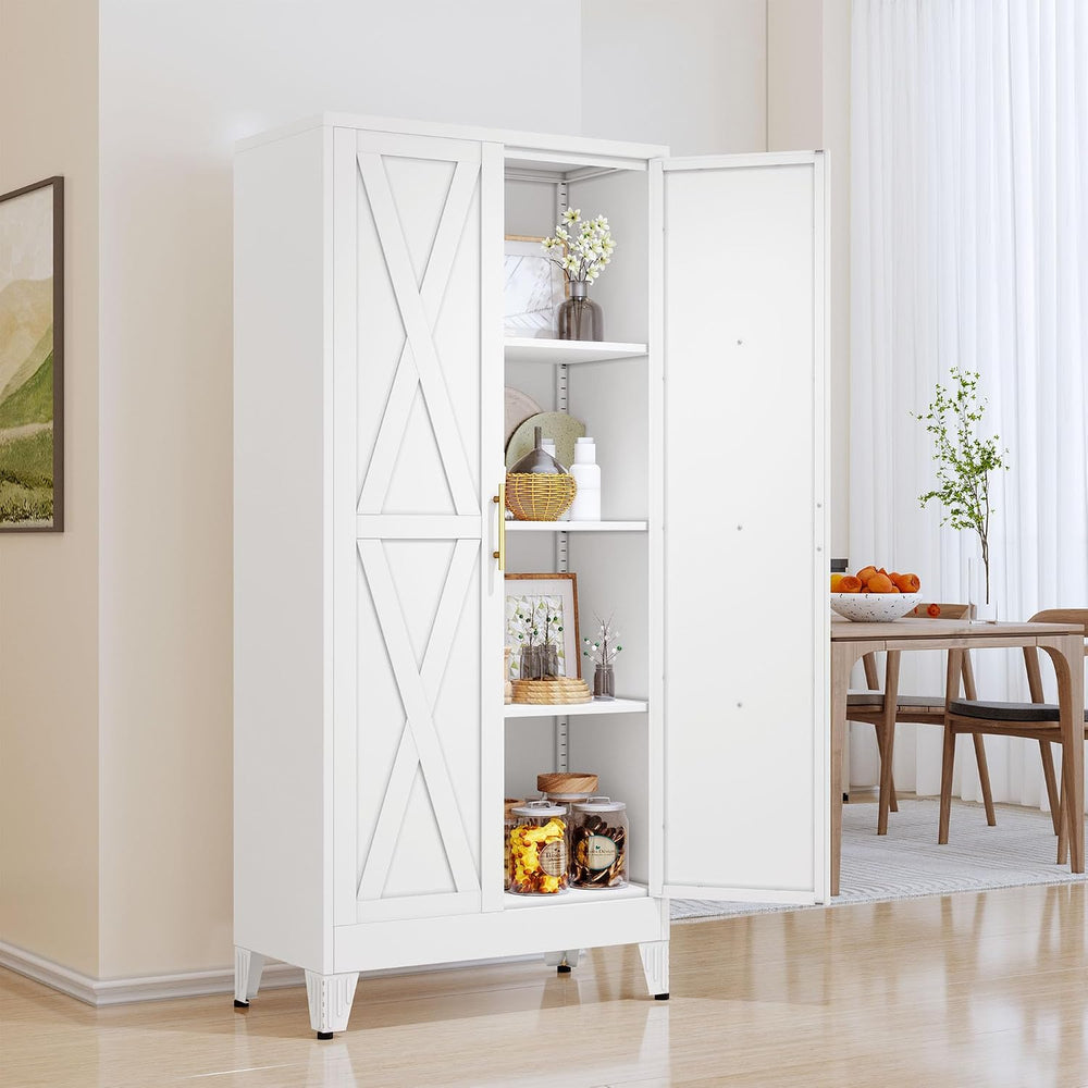 61" Kitchen Pantry Cabinet, Metal Storage Cabinet with 2 Doors and 3 Adj...