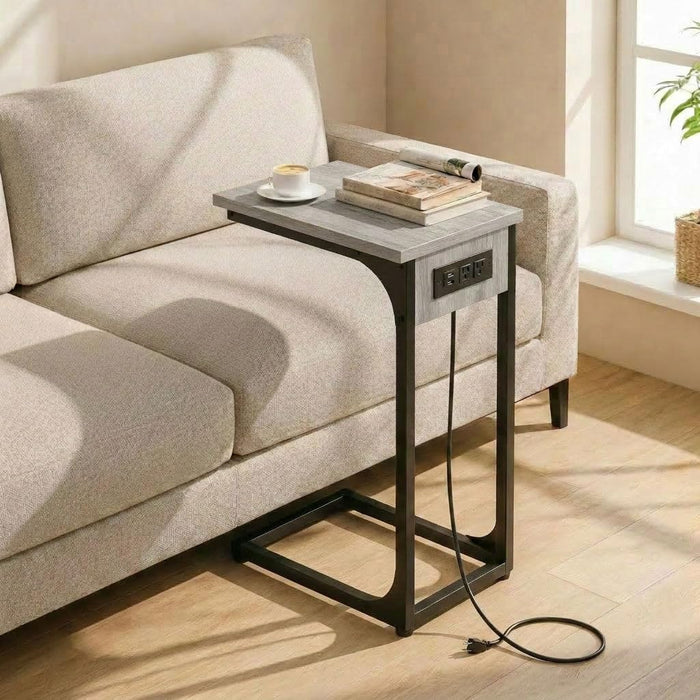 TEMI C Shaped End Table for Couch with Charging Station, Small Side Table TV Tray for Eating or Laptop, Accent Desk for Sofa or Chair, Space Saving Living Room Bedroom, Greige