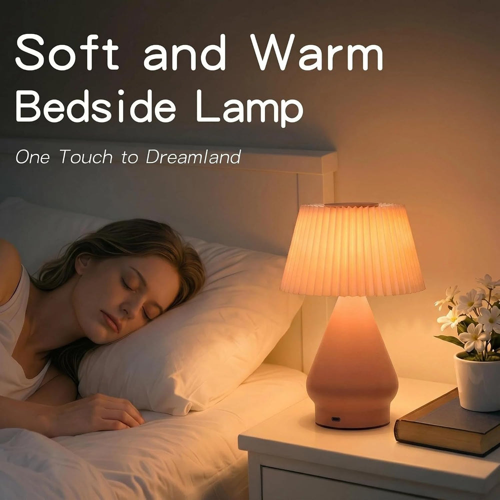 Cordless Rechargeable Small Pink Bedside Touch Table Lamp,Pleated Shade