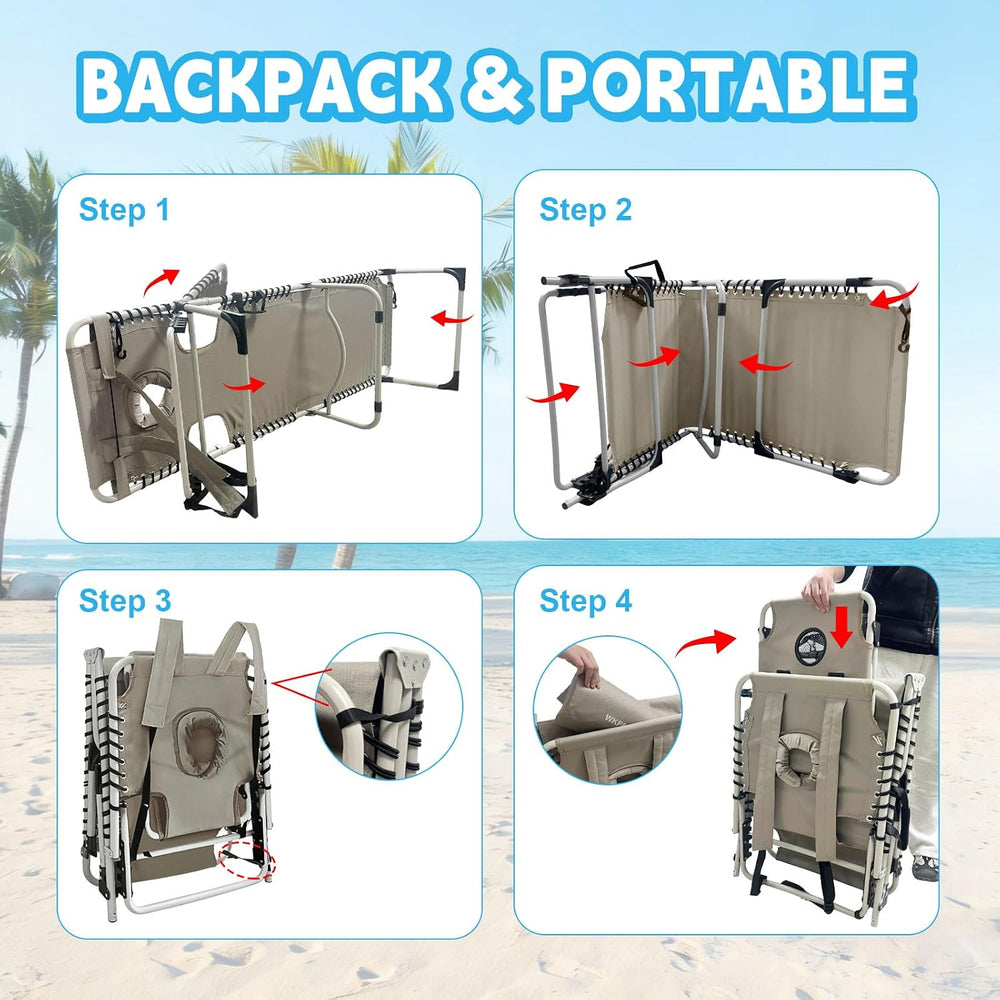 Backpack Sun Tanning Chair with Face Hole & Beach Table, 5-Position Adjus...