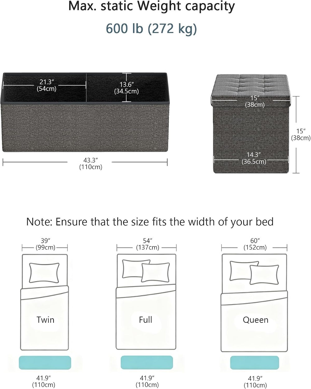 GLAXYFUR 43 Inches Folding Storage Ottoman Bench, Storage Chest, Grey