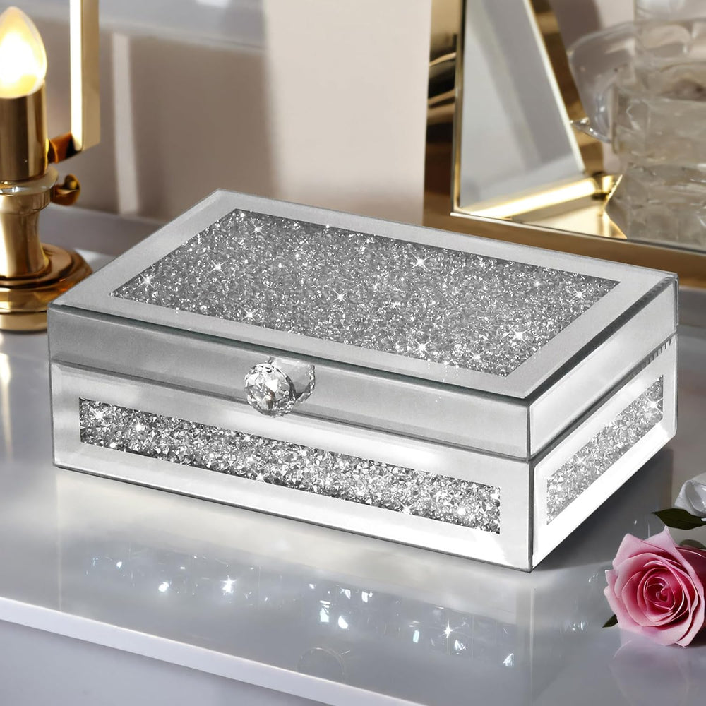 Mirrored Jewelry Box with Lid, Crushed Diamond Bling Jewelry Organizer for Wo...