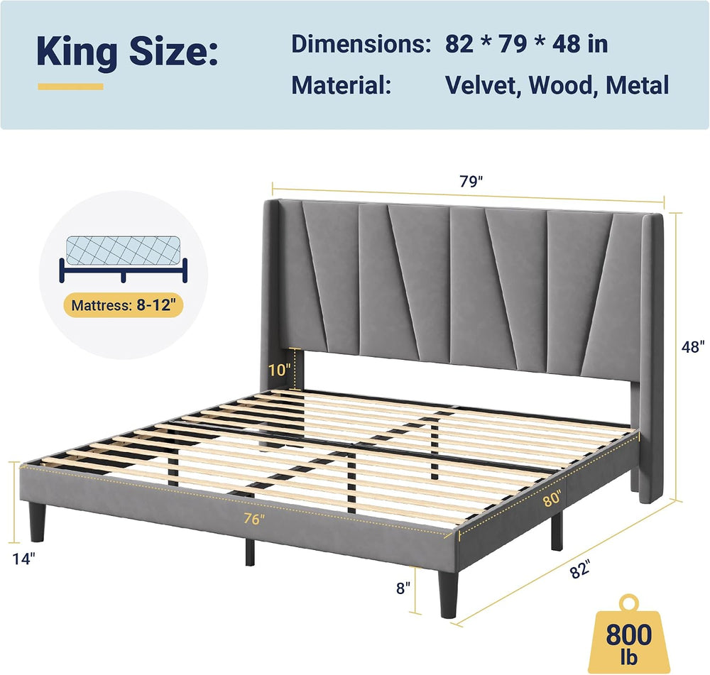 Allewie King Size Platform Velvet Bed Frame with Geometric Wingback Headboard...