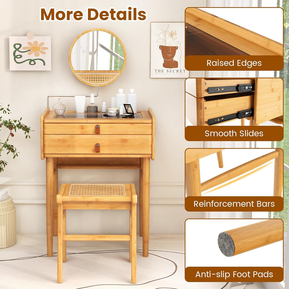COSTWAY Bamboo Vanity Desk with Adjustable Round Mirror and 2 Drawers | Makeu...