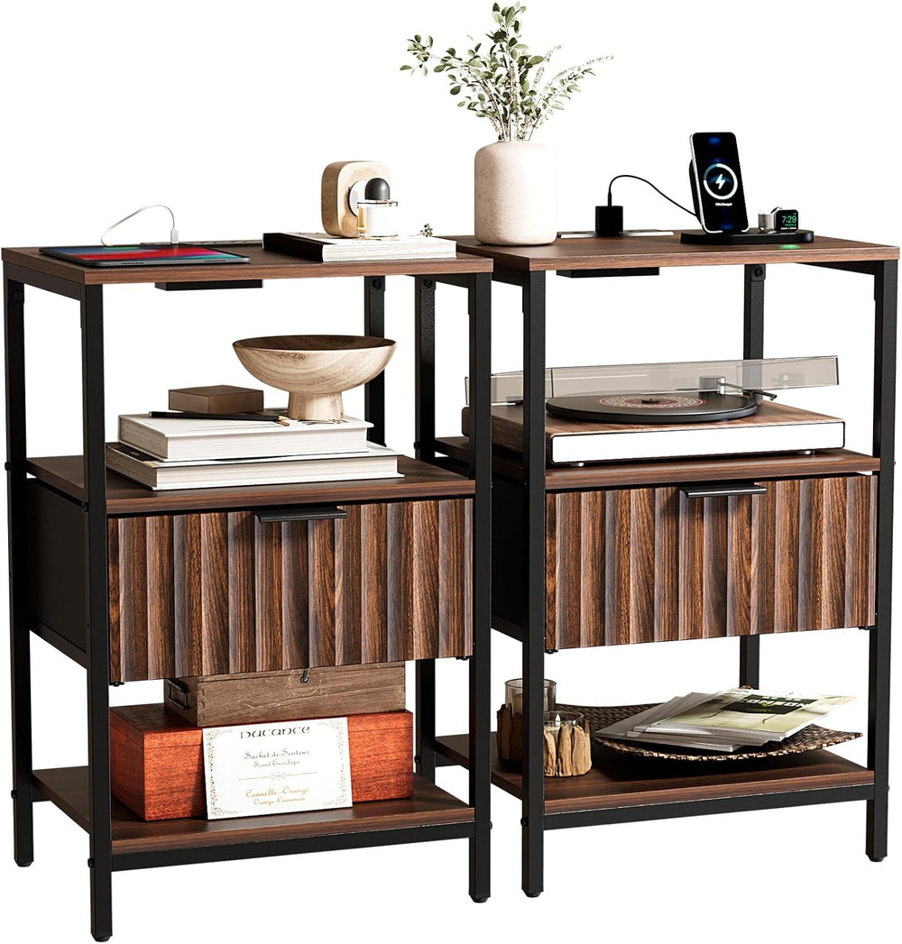 Bonnlo Fluted Nightstand Set of 2, End Table with Fabric Drawer with Charging...