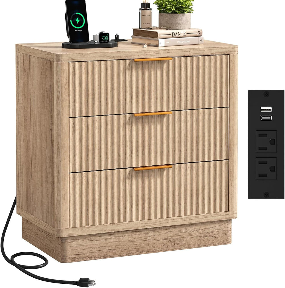 ELYKEN 24" Nightstand with 3 Drawers & Outlet, Fluted End Table Natu...