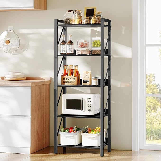 HOOBRO Bookshelf, 5-Tier Industrial Bookcase, Book Shelf Storage Organizer, T...