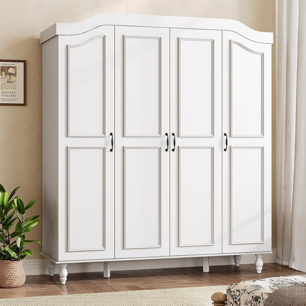 71" H Arched Armoire Wardrobe Closet with 4 Doors, Wooden, White | Large...