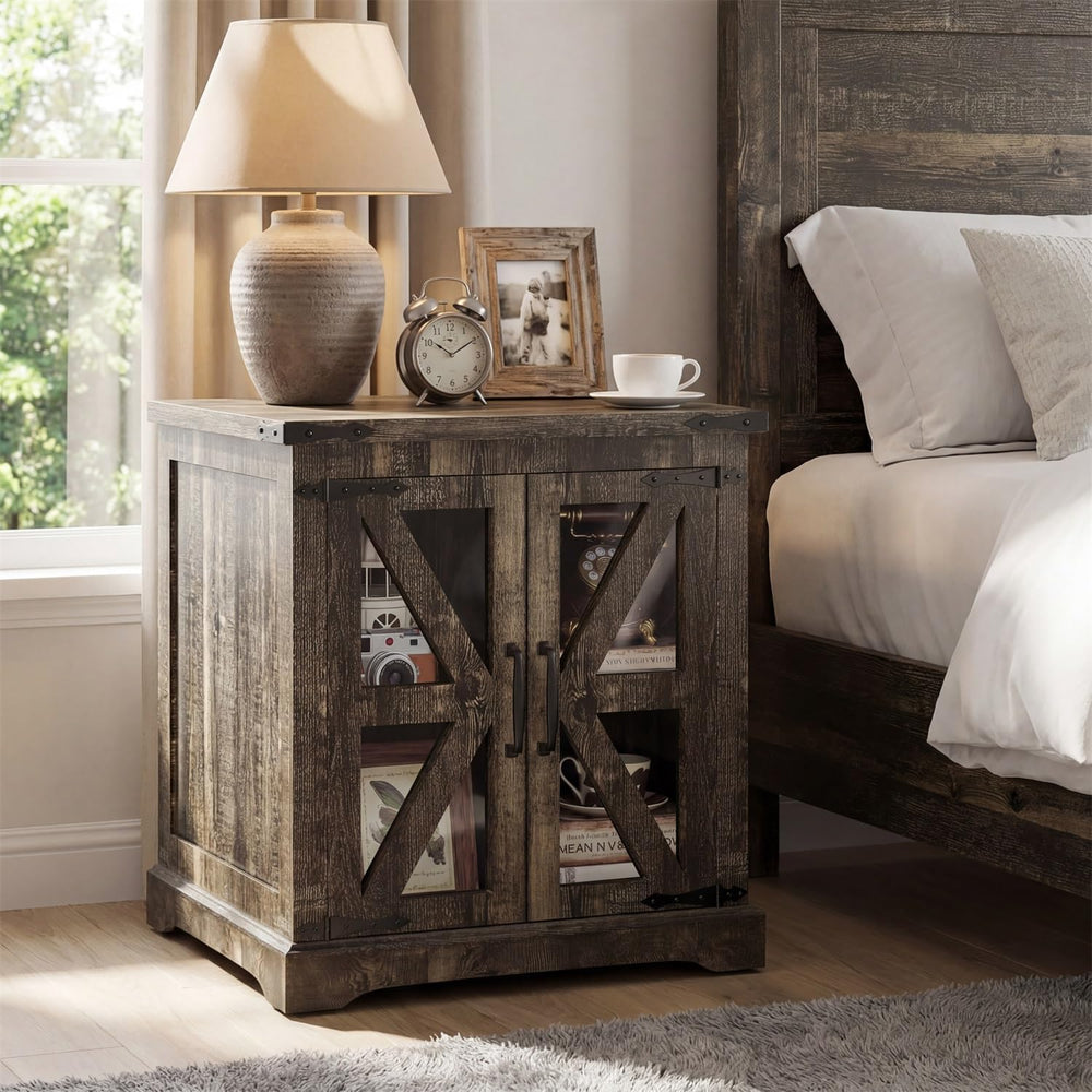 Farmhouse End Table, 24" Large End Tables with Storage, Rustic Square So...