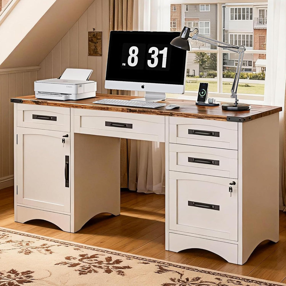 Decofy Farmhouse Executive Desk with Drawers, 55" Home Office Desks with...