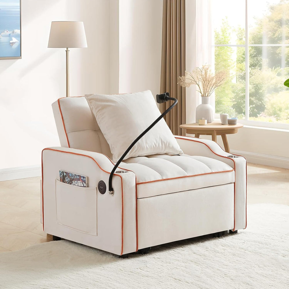 Convertible Single Sleeper Velvet Futon Sleeper Sofa Bed with Phone Holder &a...