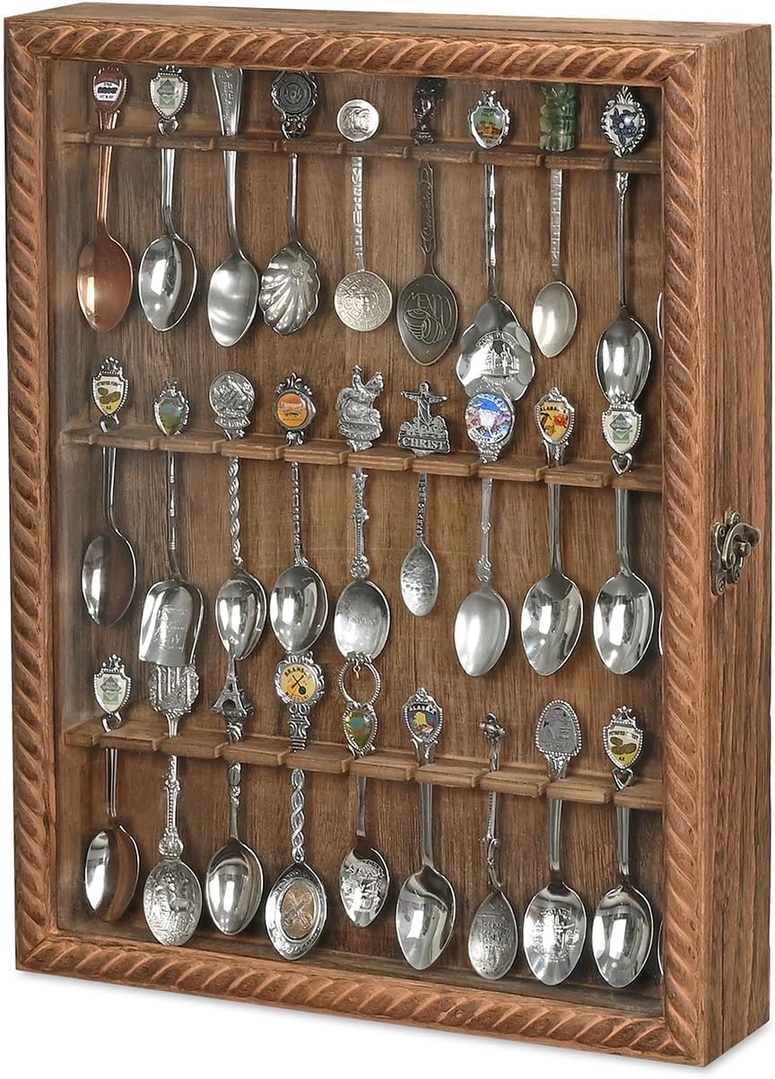 Ikee Design Wooden 30-Souvenir Spoon Display Case Cabinet, Wall-Mounted Tea S...