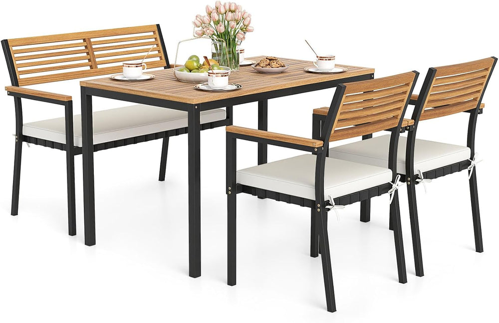 Tangkula 4 Piece Acacia Wood Outdoor Dining Set with 2 Stackable Armchairs