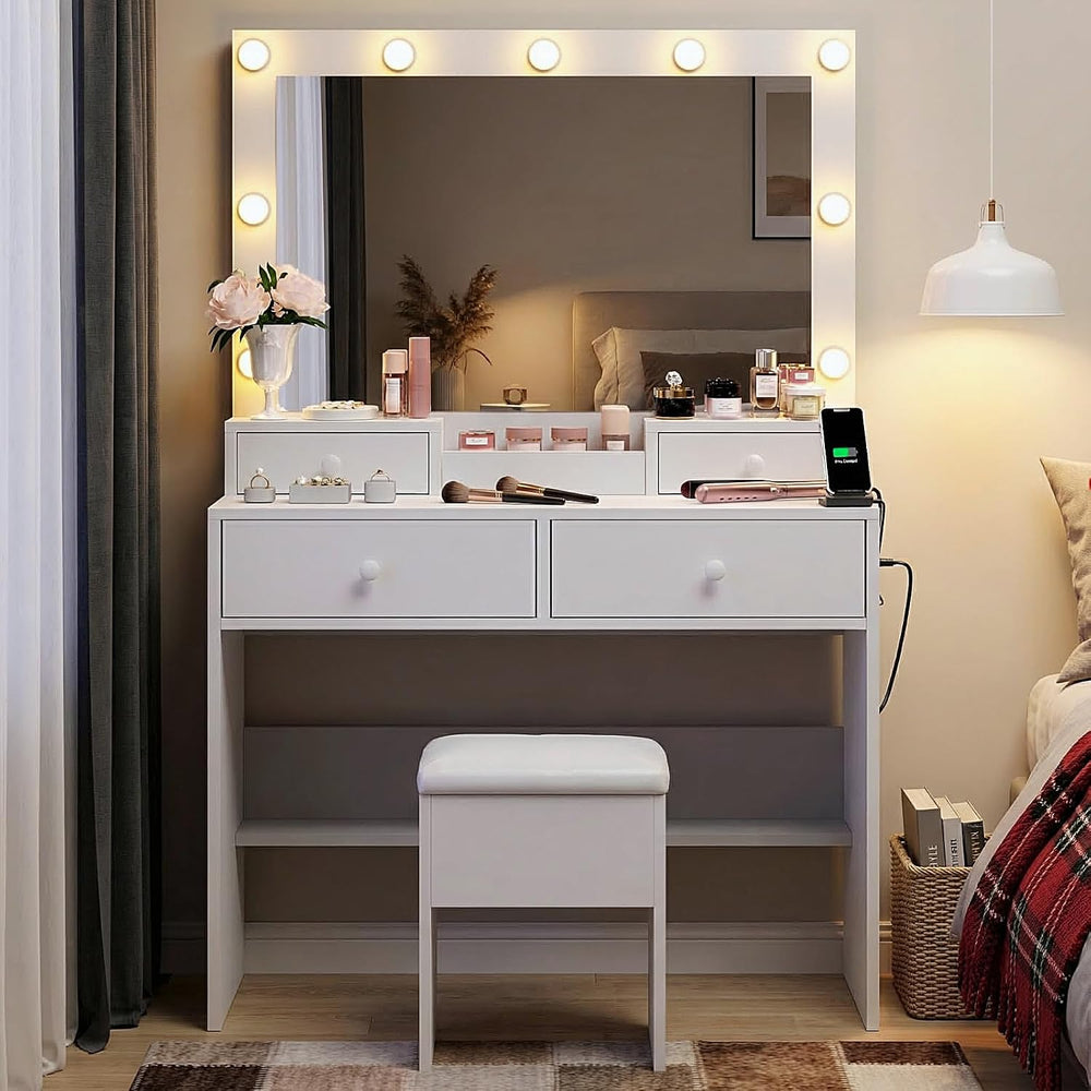 Haewon Vanity Desk Set with LED Mirror, Storage Chair, White Makeup Table | B...