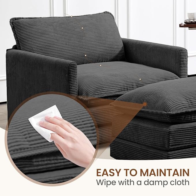 ROWHY Single Armchair with Ottoman, Modern Corduroy Cloud Couch with Converti...