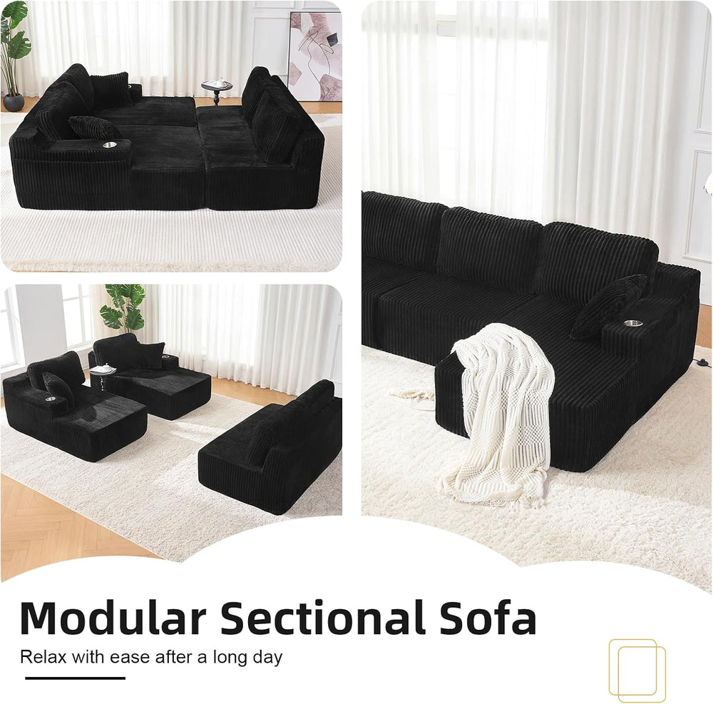 130" U-Shaped Modular Sectional Sofa with Chaise | Corduroy Flexible Mod...