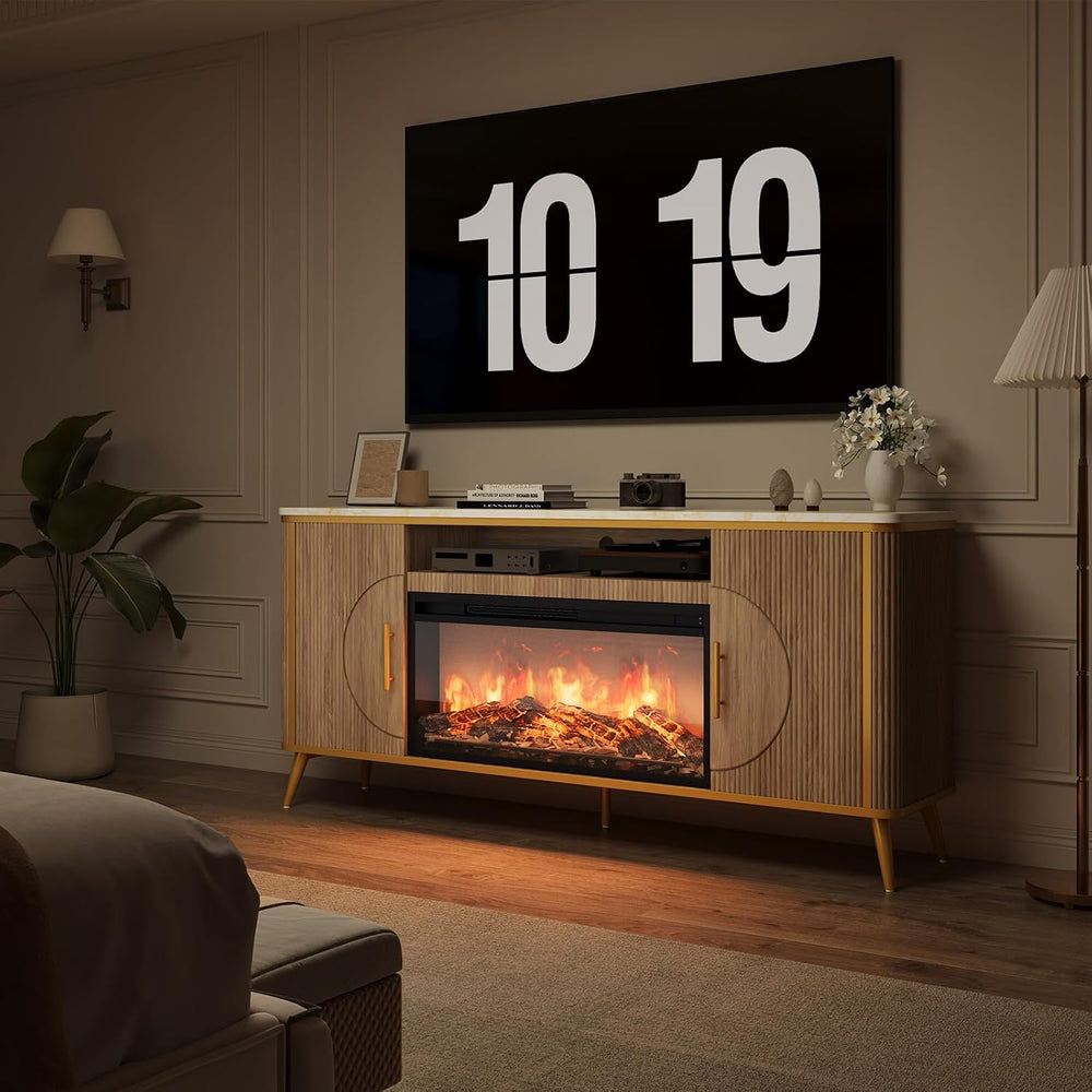 Fluted Fireplace TV Stand Up to 80" TVs, Modern Entertainment Center wit...