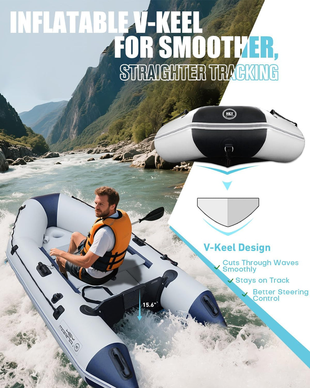 10ft Inflatable Dinghy Boat for Adult with Drop-Stitch Floor 3-4 Person Infla...