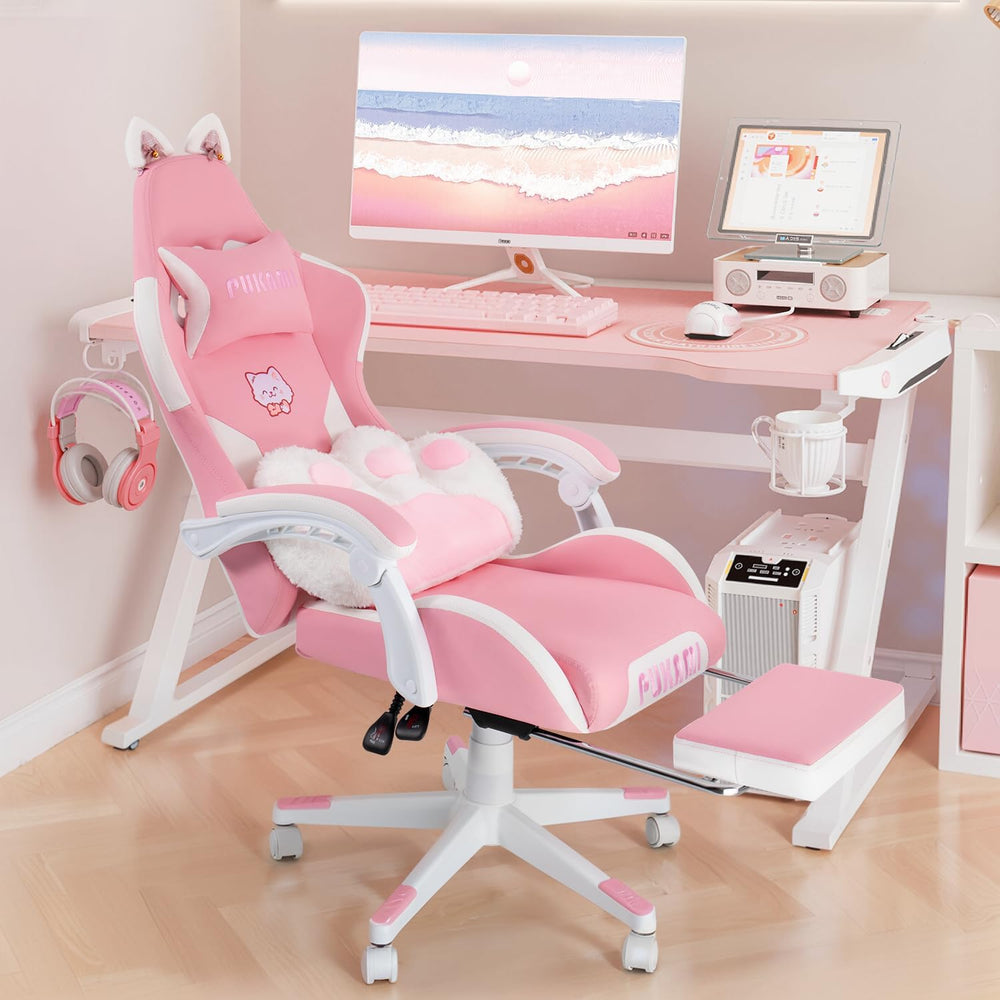 Pink Gaming Chair with Cat Ears & Footrest, Ergonomic Gaming Computer Des...