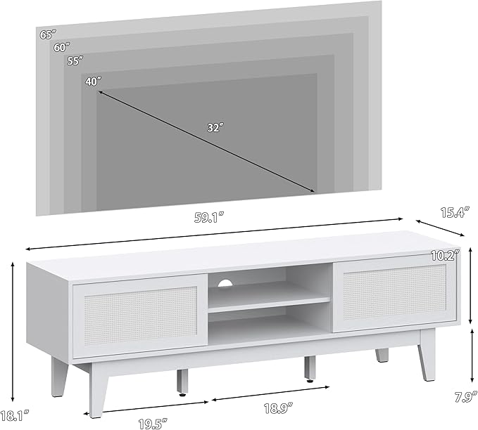 Boho TV Stand for 55 65 Inch TV, Rattan Entertainment Center with Shelves, Ca...