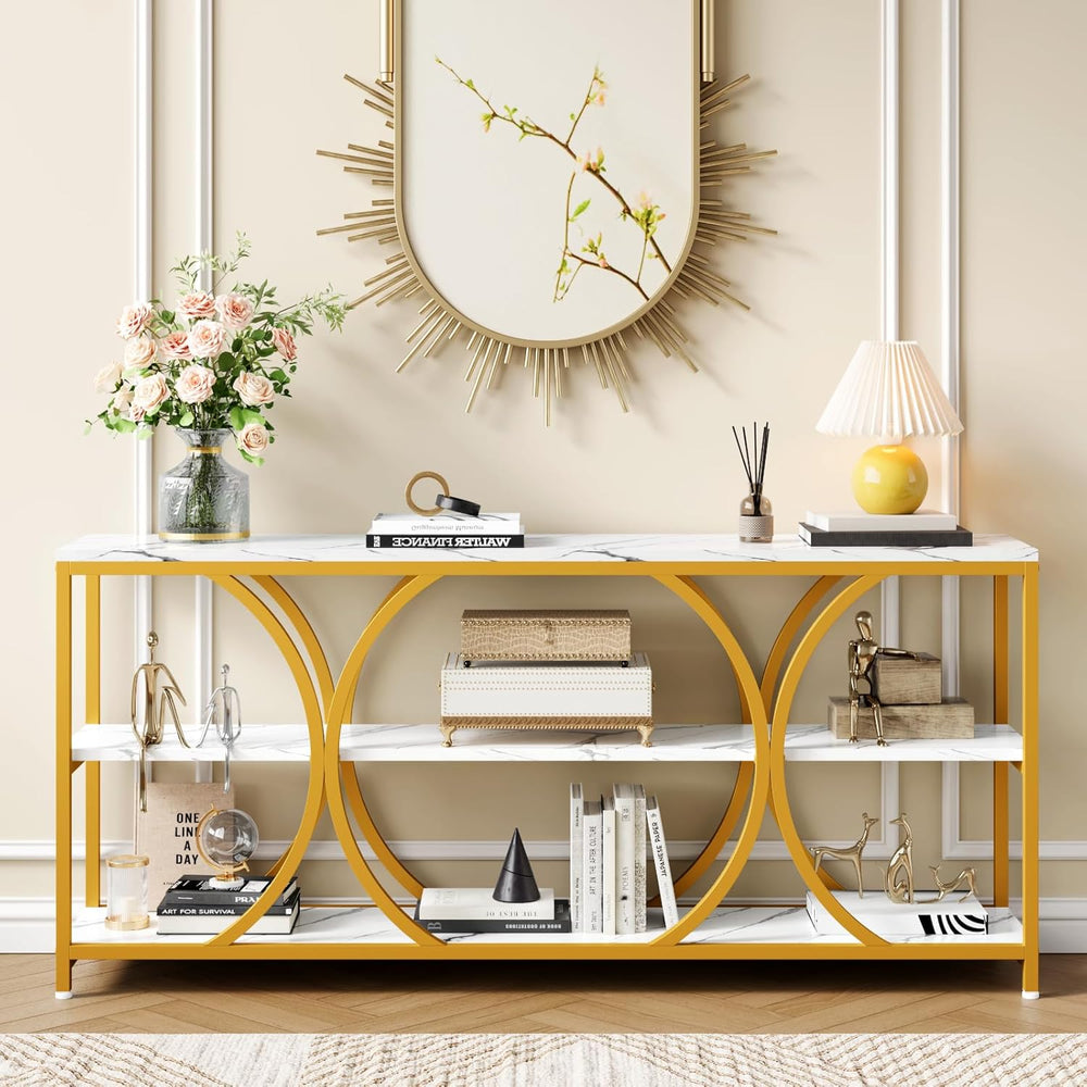 70.8 inch Extra Long Entryway Table,Gold Narrow Sofa Table | 3 Tier Storage S...