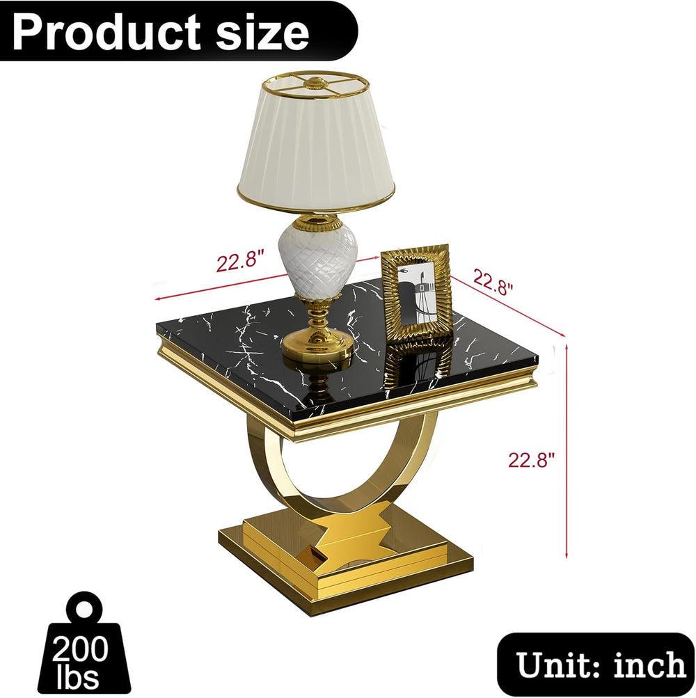Modern Marble End Table, 22.8" Square Black Side Tables with Gold Stainl...
