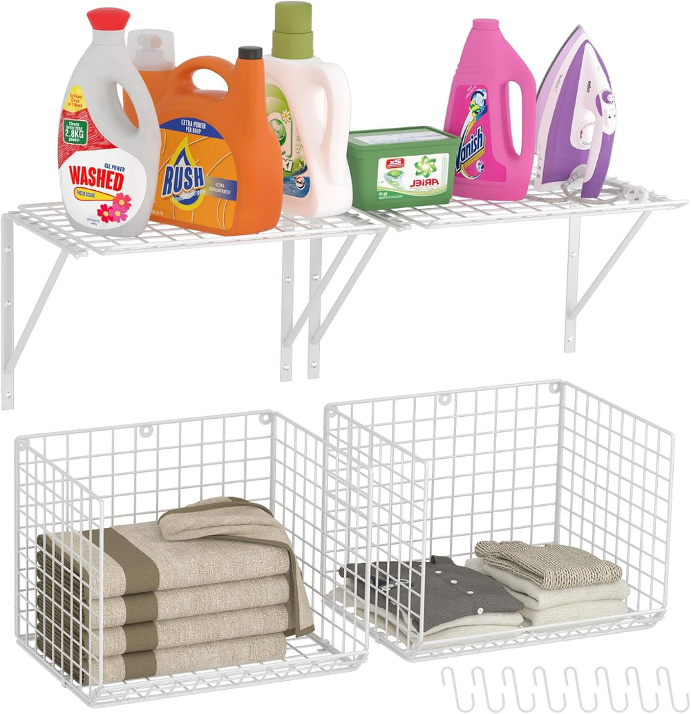 2 Pack Laundry Room Shelves Wall Mounted with Wire Baskets, Over the Washer a...